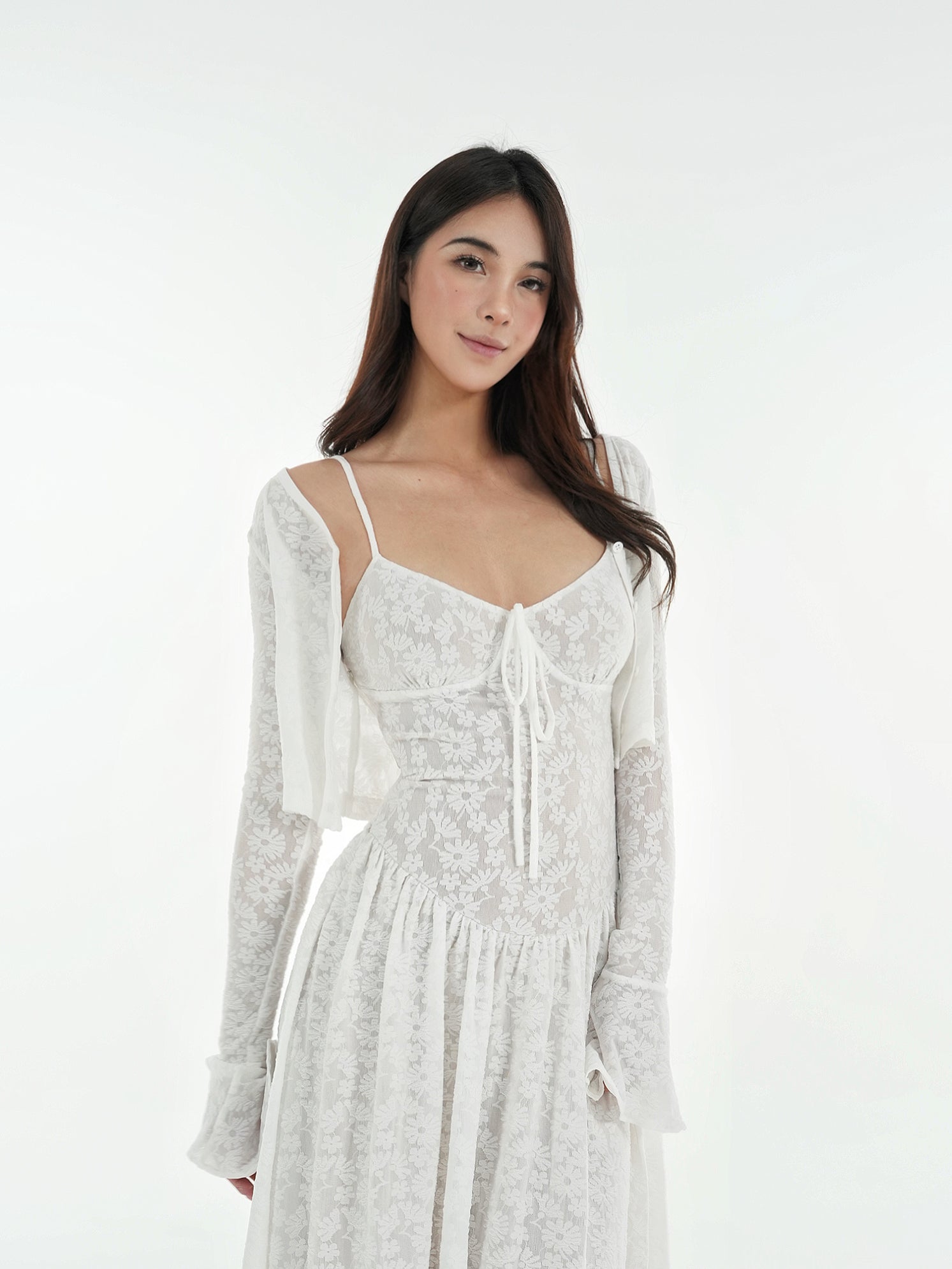 Lace Stretch Jacquard Sling Dress Cardigan Set