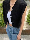 Pearl Button Hollow Jacquard Sleeveless Knitted Vest - PAINEVIDA