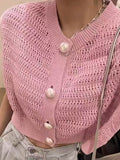 Pearl Button Hollow Jacquard Sleeveless Knitted Vest - PAINEVIDA