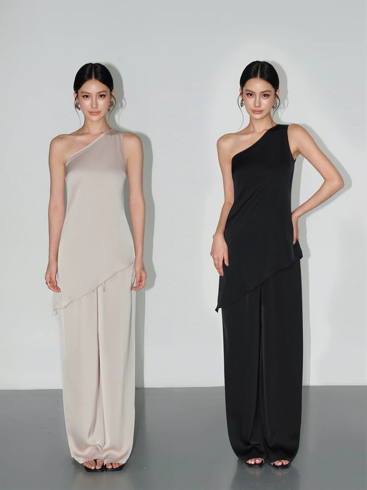High-end Satin Off-shoulder Irregular Sleeveless Top Wide-leg Casual Pants Set by painevida