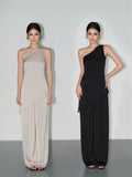 High-end Satin Off-shoulder Irregular Sleeveless Top Wide-leg Casual Pants Set