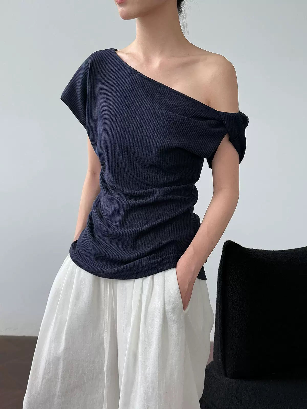 Asymmetrical Off-Shoulder Button-Down T-Shirt