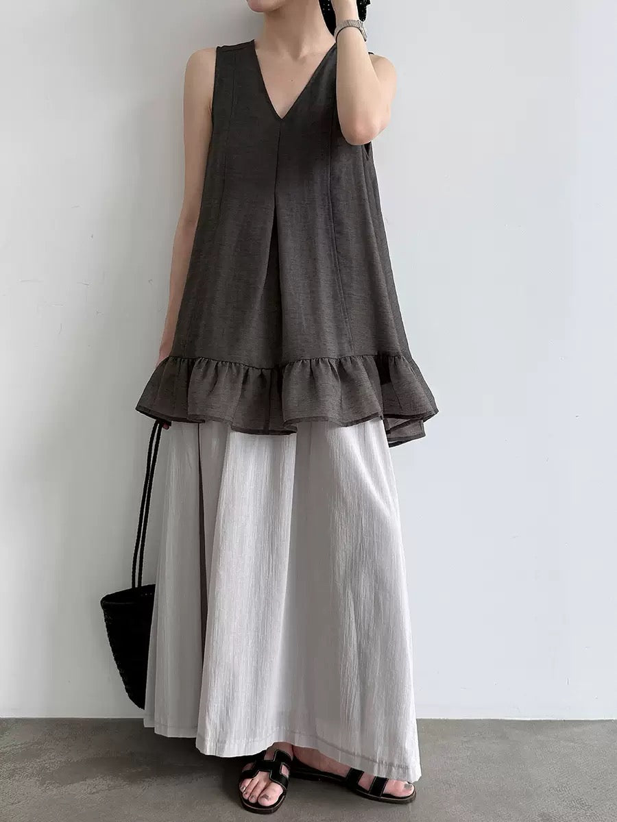 V-neck, Tie-Up, Ruffled Sleeveless Blouse