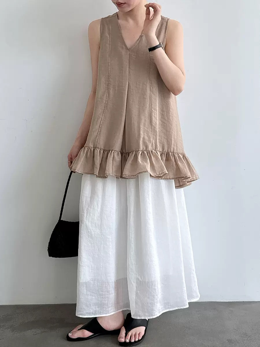 V-neck, Tie-Up, Ruffled Sleeveless Blouse