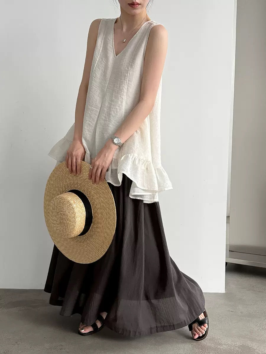 V-neck, Tie-Up, Ruffled Sleeveless Blouse
