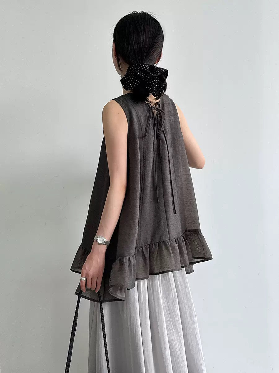 V-neck, Tie-Up, Ruffled Sleeveless Blouse