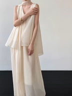 Ribbon-Trimmed Set Tank Top + Sheer Breathable Skirt