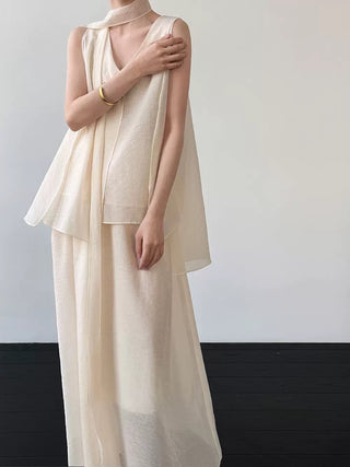 Ribbon-Trimmed Set Tank Top + Sheer Breathable Skirt - PAINEVIDA