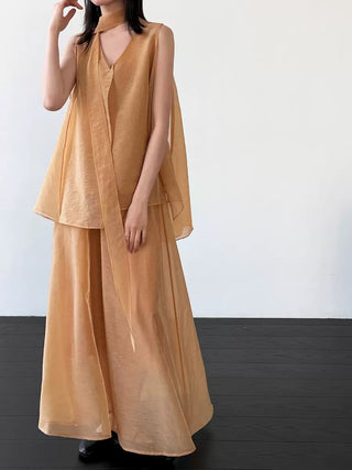 Ribbon-Trimmed Set Tank Top + Sheer Breathable Skirt - PAINEVIDA