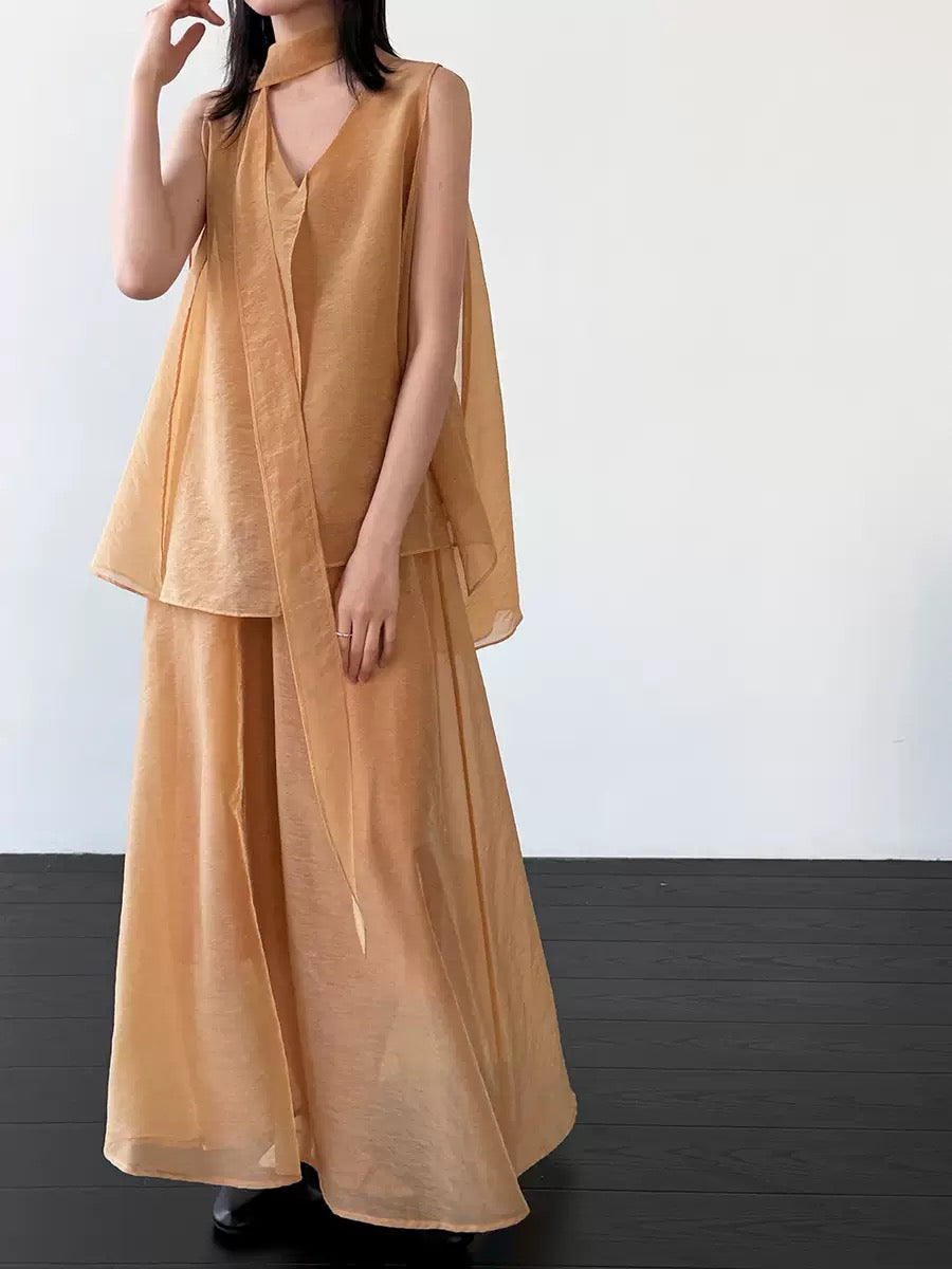 Ribbon-Trimmed Set Tank Top + Sheer Breathable Skirt