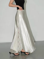 Lace-trimmed satin midi skirt