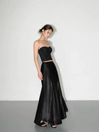 Lace-trimmed satin midi skirt