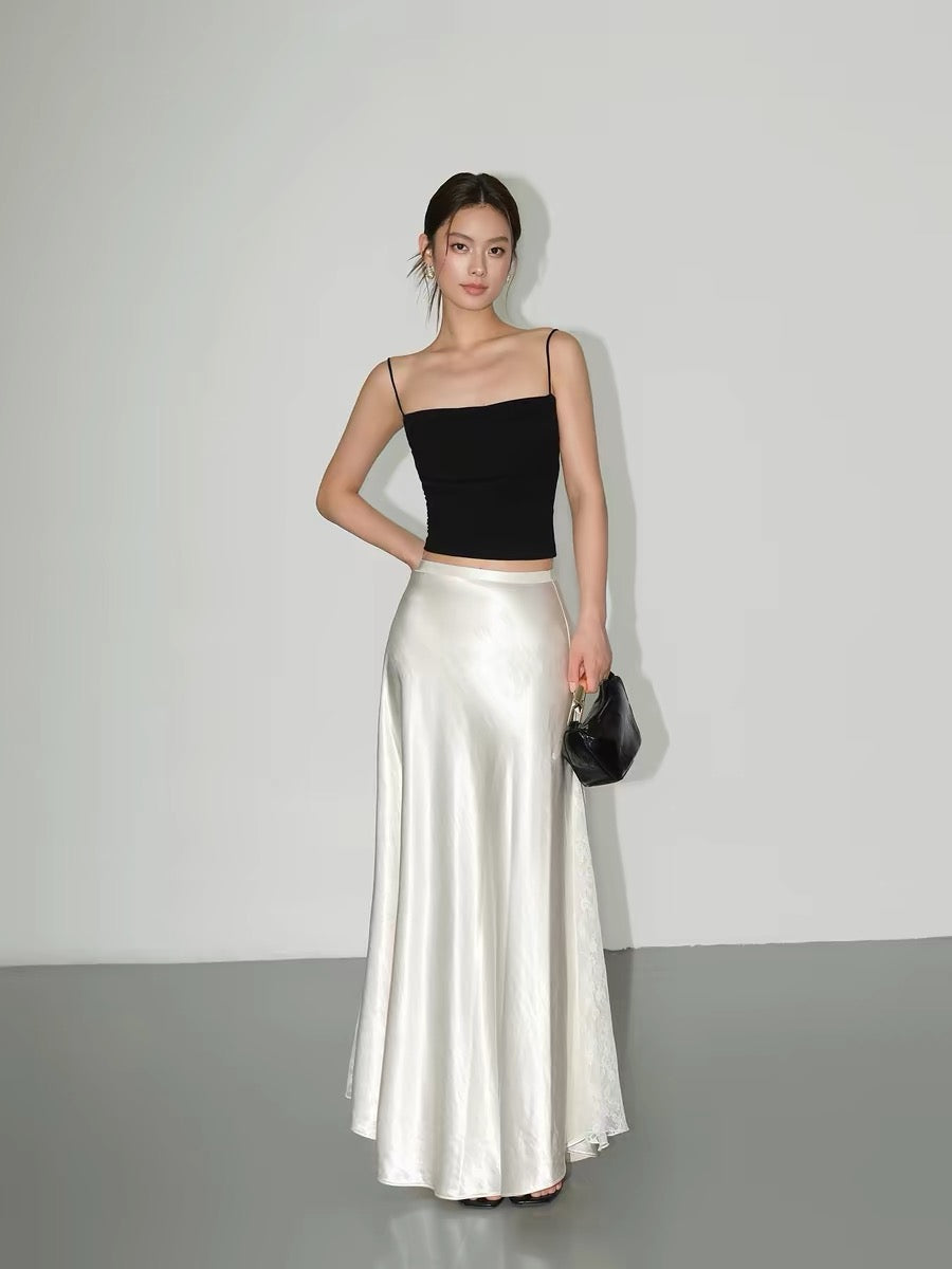 Lace-trimmed satin midi skirt