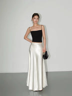 Lace-trimmed satin midi skirt