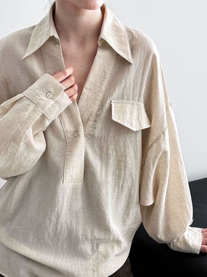 Loose V-neck Linen Shirt