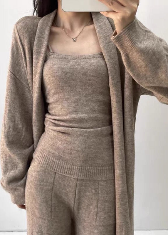 Soft Casual Knitted Long Cardigan&Camisole&Pants 3 Pieces Suit