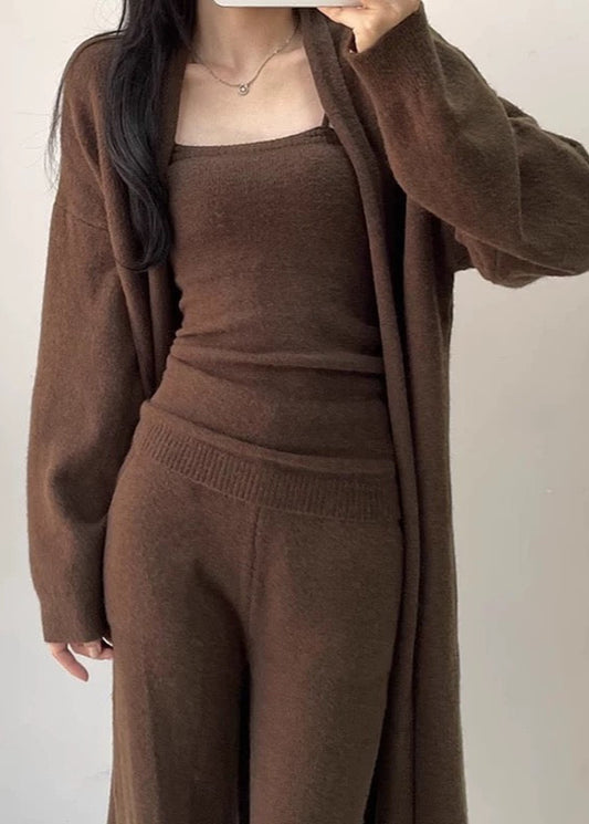 Soft Casual Knitted Long Cardigan&Camisole&Pants 3 Pieces Suit