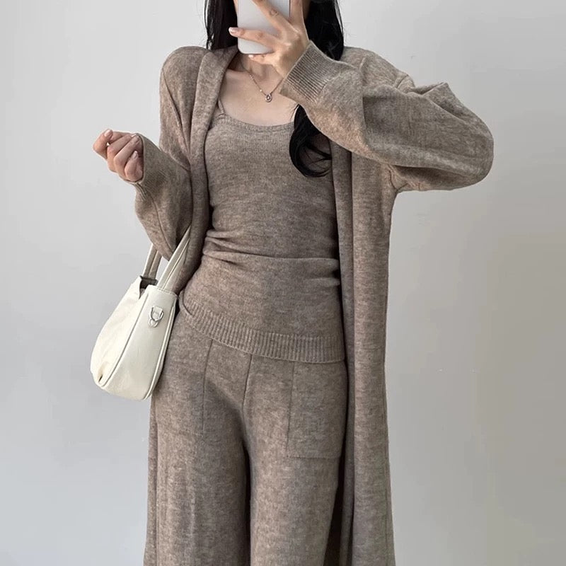 Soft Casual Knitted Long Cardigan&Camisole&Pants 3 Pieces Suit