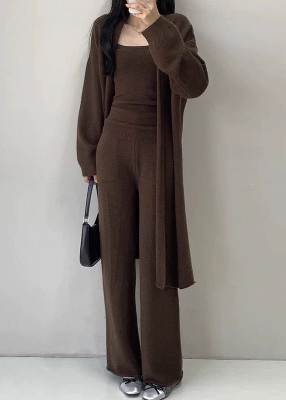 Soft Casual Knitted Long Cardigan&Camisole&Pants 3 Pieces Suit