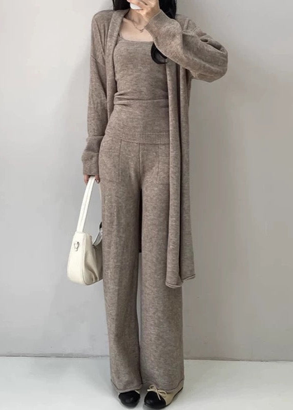 Soft Casual Knitted Long Cardigan&Camisole&Pants 3 Pieces Suit