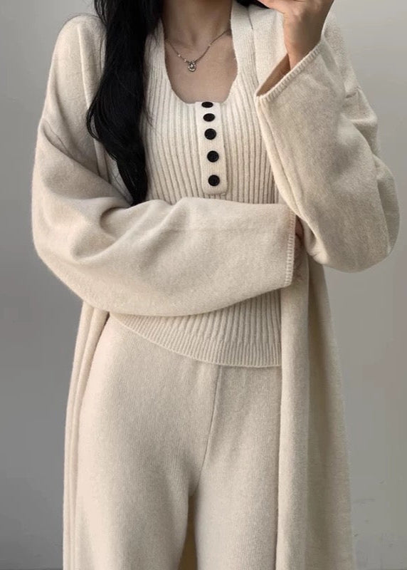 Buttons Casual Knitted Long Cardigan&Camisole&Pants 3 Pieces Suit