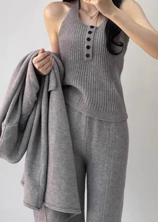 Buttons Casual Knitted Long Cardigan&Camisole&Pants 3 Pieces Suit by painevida