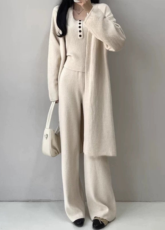 Buttons Casual Knitted Long Cardigan&Camisole&Pants 3 Pieces Suit