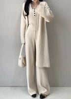 Buttons Casual Knitted Long Cardigan&Camisole&Pants 3 Pieces Suit