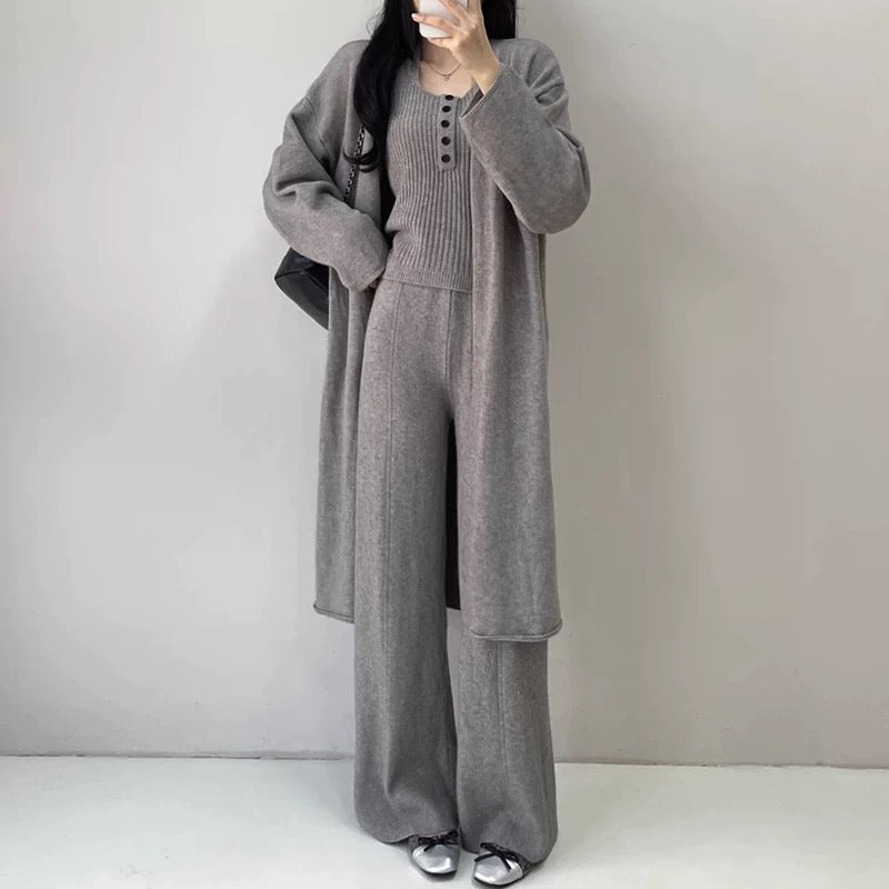 Buttons Casual Knitted Long Cardigan&Camisole&Pants 3 Pieces Suit