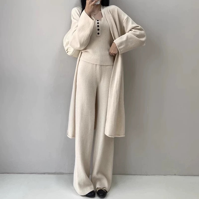 Buttons Casual Knitted Long Cardigan&Camisole&Pants 3 Pieces Suit
