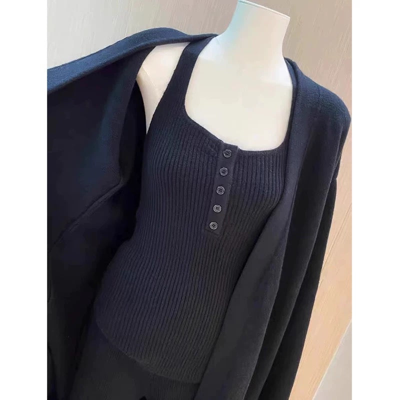 Buttons Casual Knitted Long Cardigan&Camisole&Pants 3 Pieces Suit
