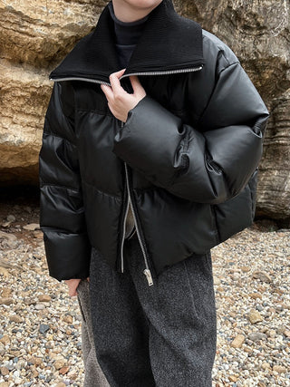 Spliced PU Leather Down Jacket by painevida