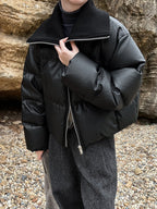 Spliced PU Leather Down Jacket