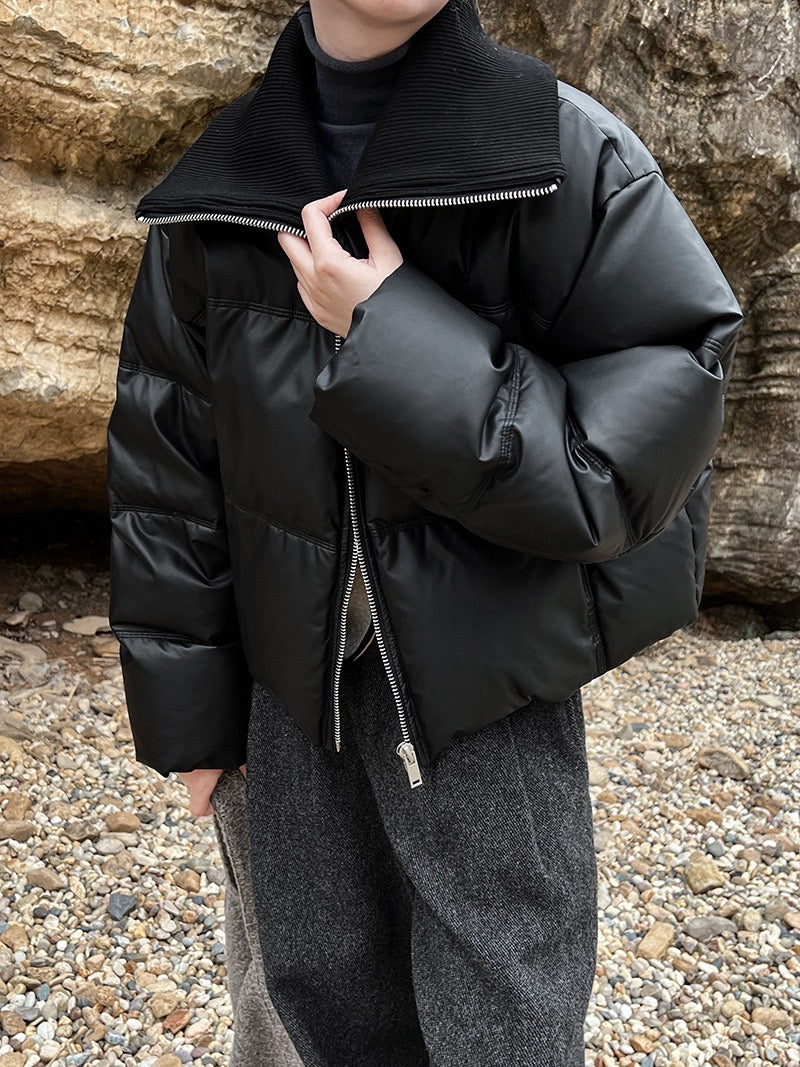 Spliced PU Leather Down Jacket