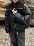 Spliced PU Leather Down Jacket