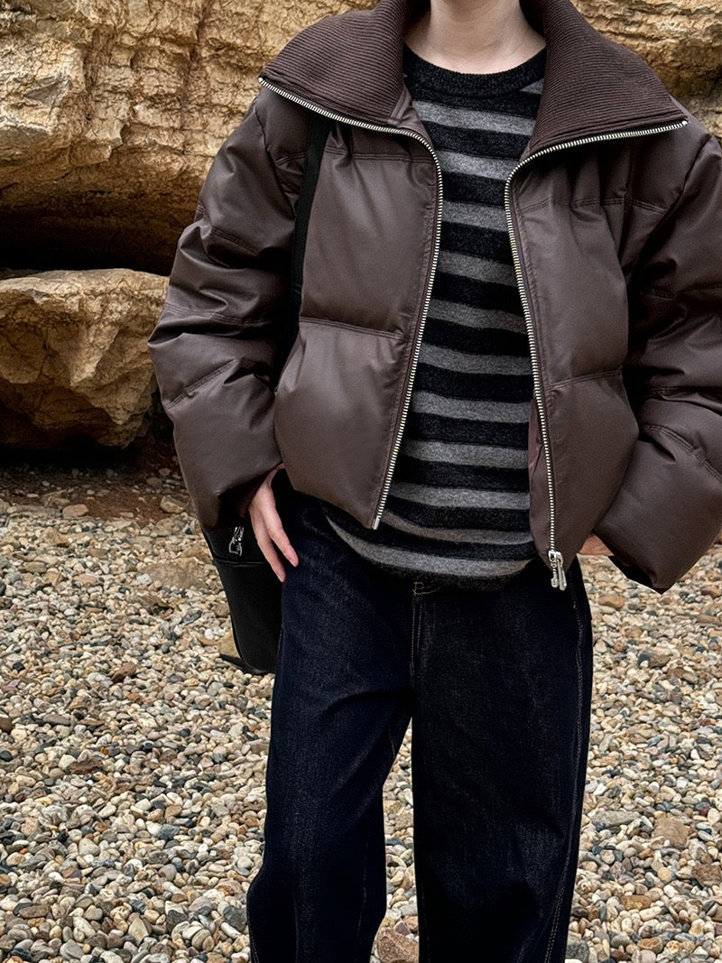 Spliced PU Leather Down Jacket