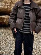 Spliced PU Leather Down Jacket