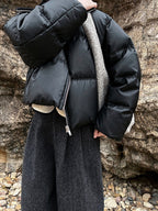 Spliced PU Leather Down Jacket
