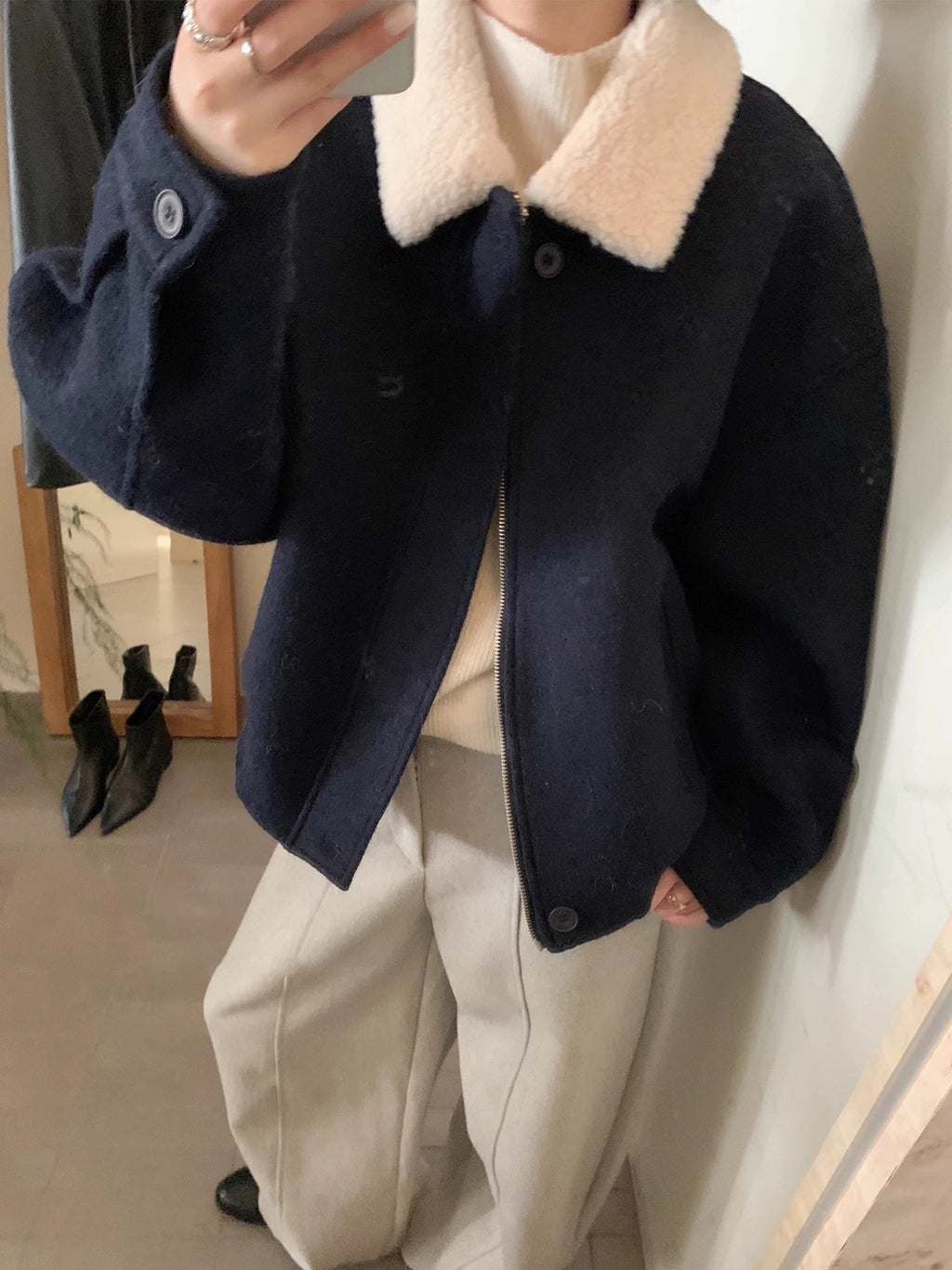 Lambswool Collar Wool Bomber Jacket by painevida