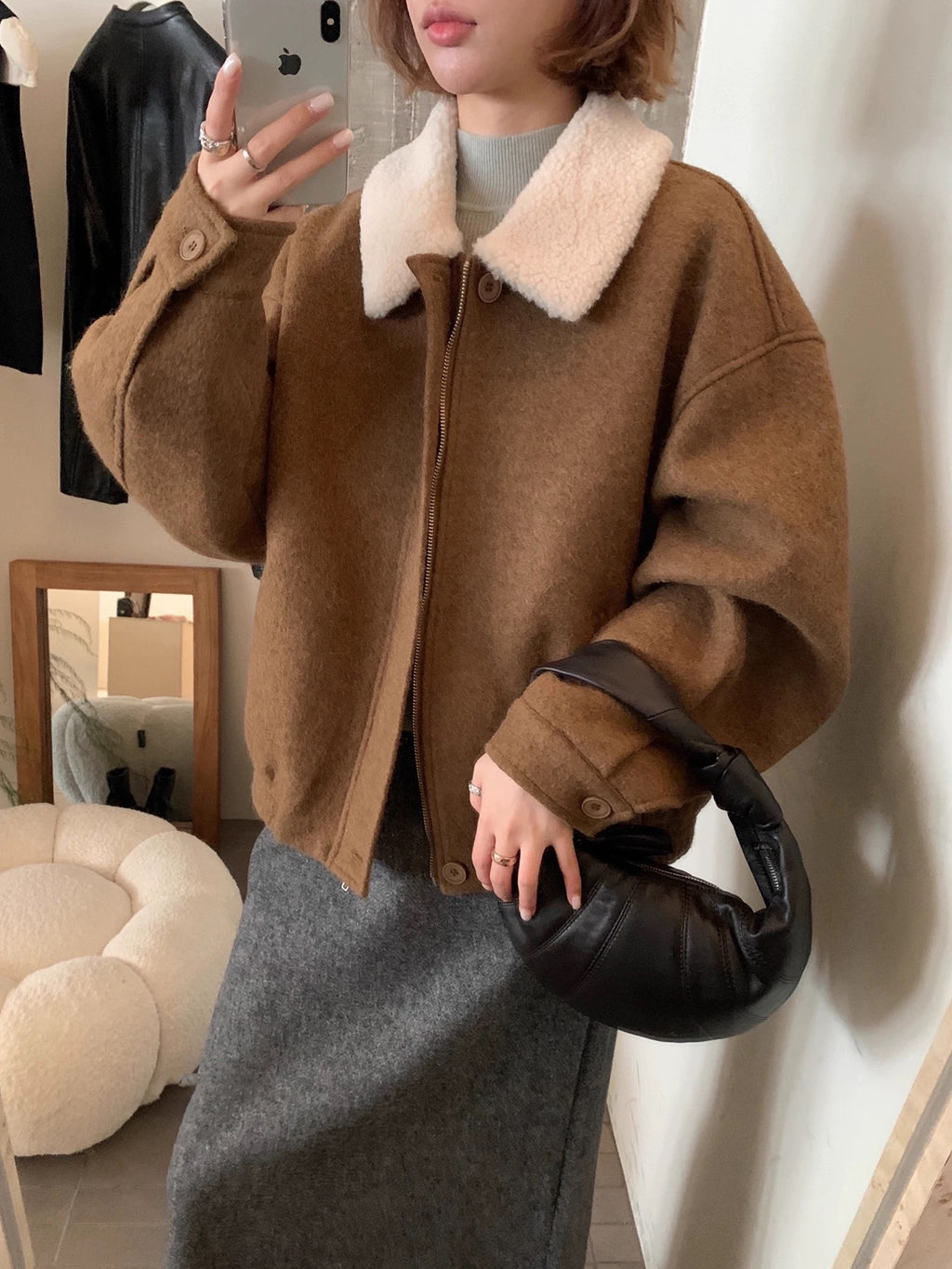 Lambswool Collar Wool Bomber Jacket by painevida