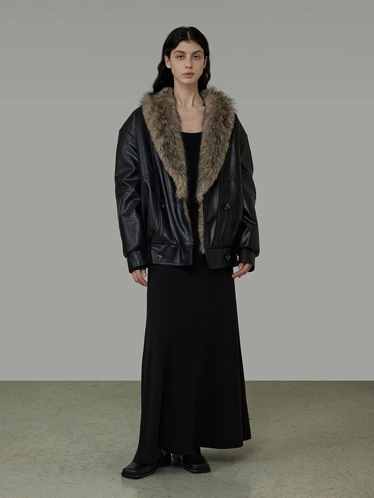 Large Fur Collar Leather coat