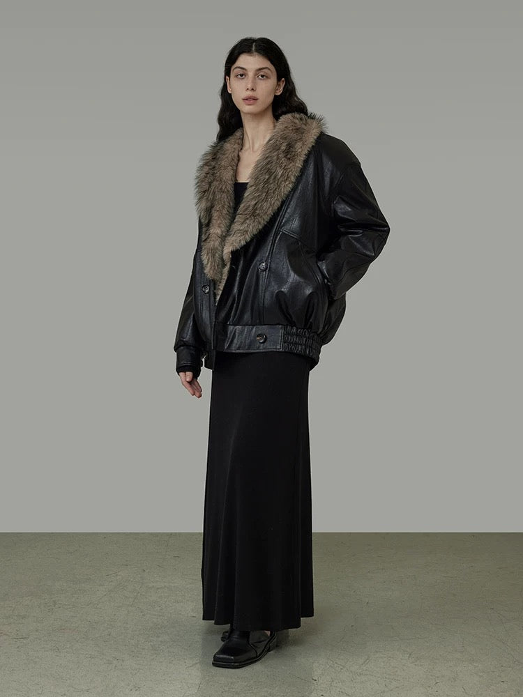Large Fur Collar Leather coat