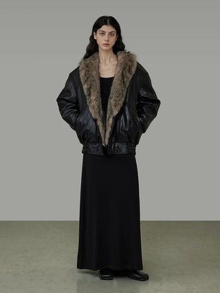 Large Fur Collar Leather coat by painevida