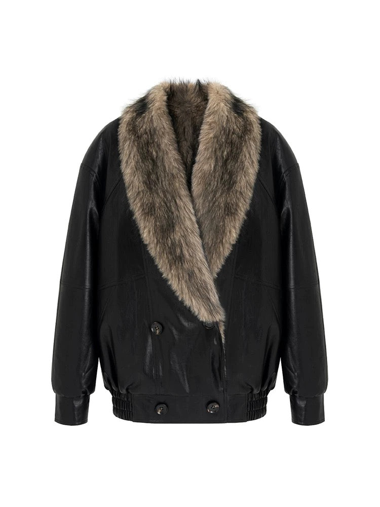 Large Fur Collar Leather coat