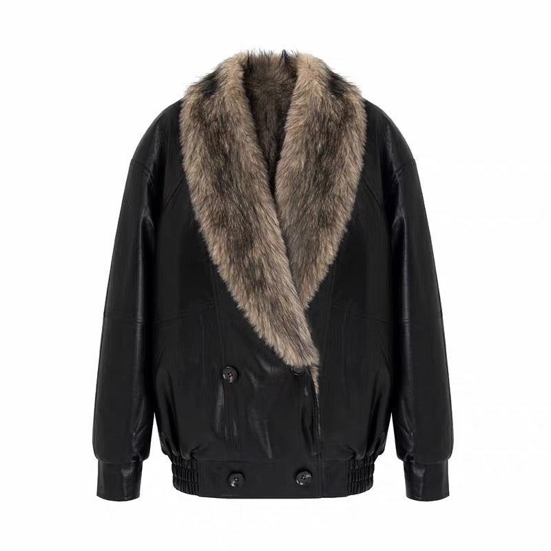 Large Fur Collar Leather coat