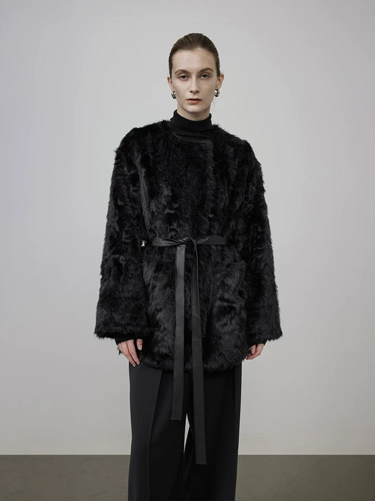 Black Shearling Coat Mid-length Style