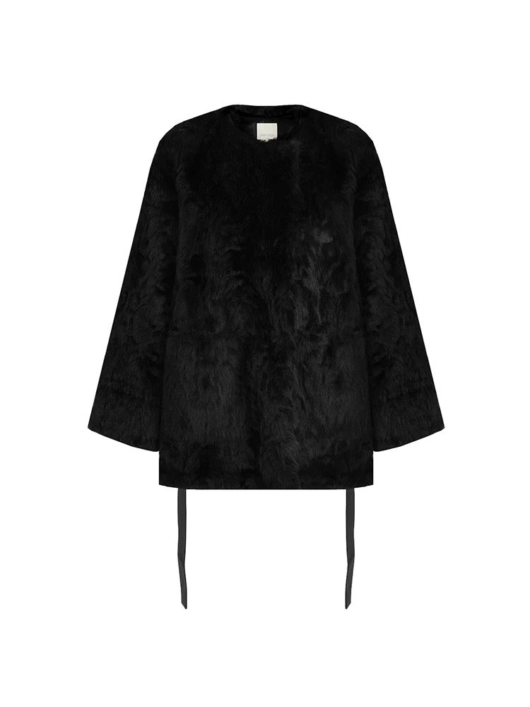Black Shearling Coat Mid-length Style