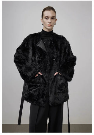 Black Shearling Coat Mid-length Style by painevida