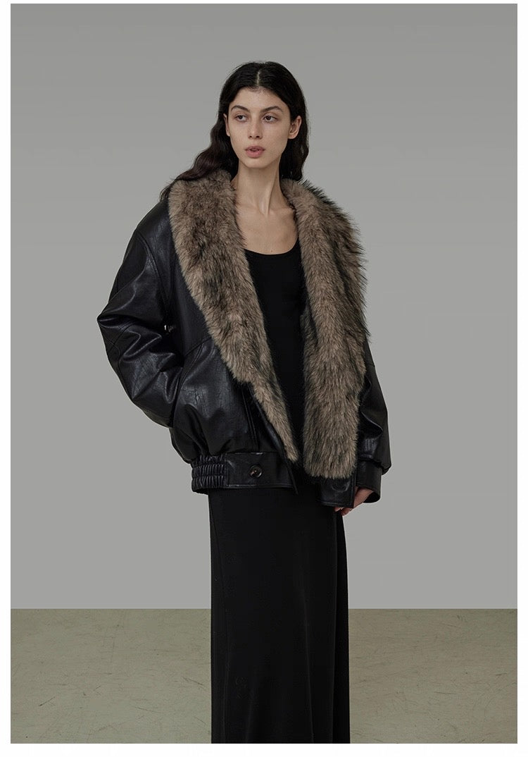 Large Fur Collar Leather coat