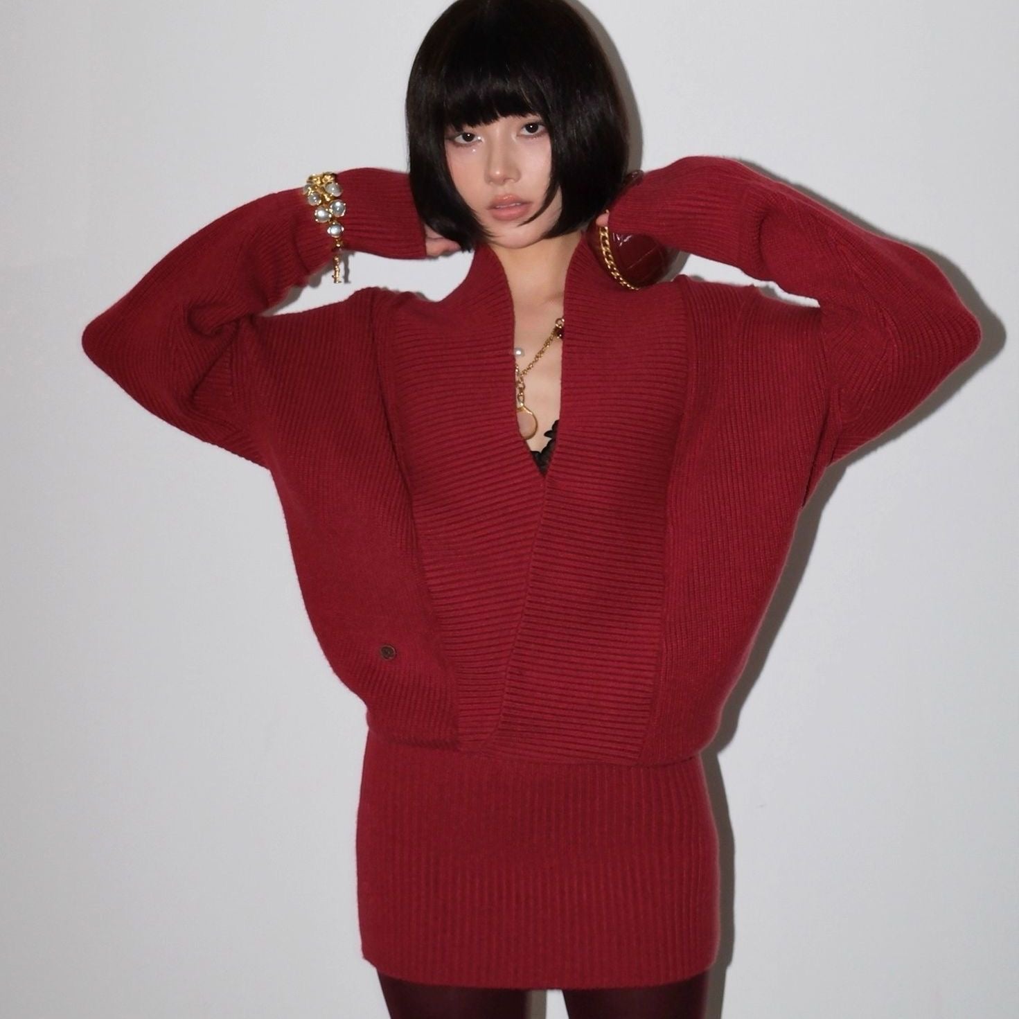 V-neck Bodycon Long Knit Top